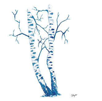 Aquarelle arbres, bouleaux, hiver, monochrome, bleu, foret